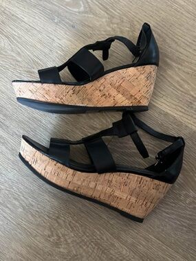 Franco Sarto Black Strappy Cork Wedge Sandals